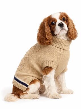 Tan Cable Knit Dog Sweater w Blue & White Stripes & Turtleneck